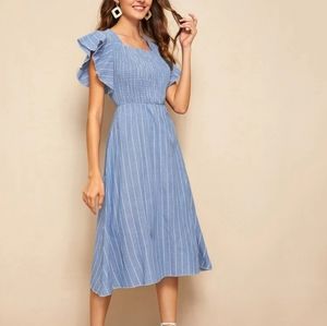 Striped blue white shirred butterfly sleeve Dress